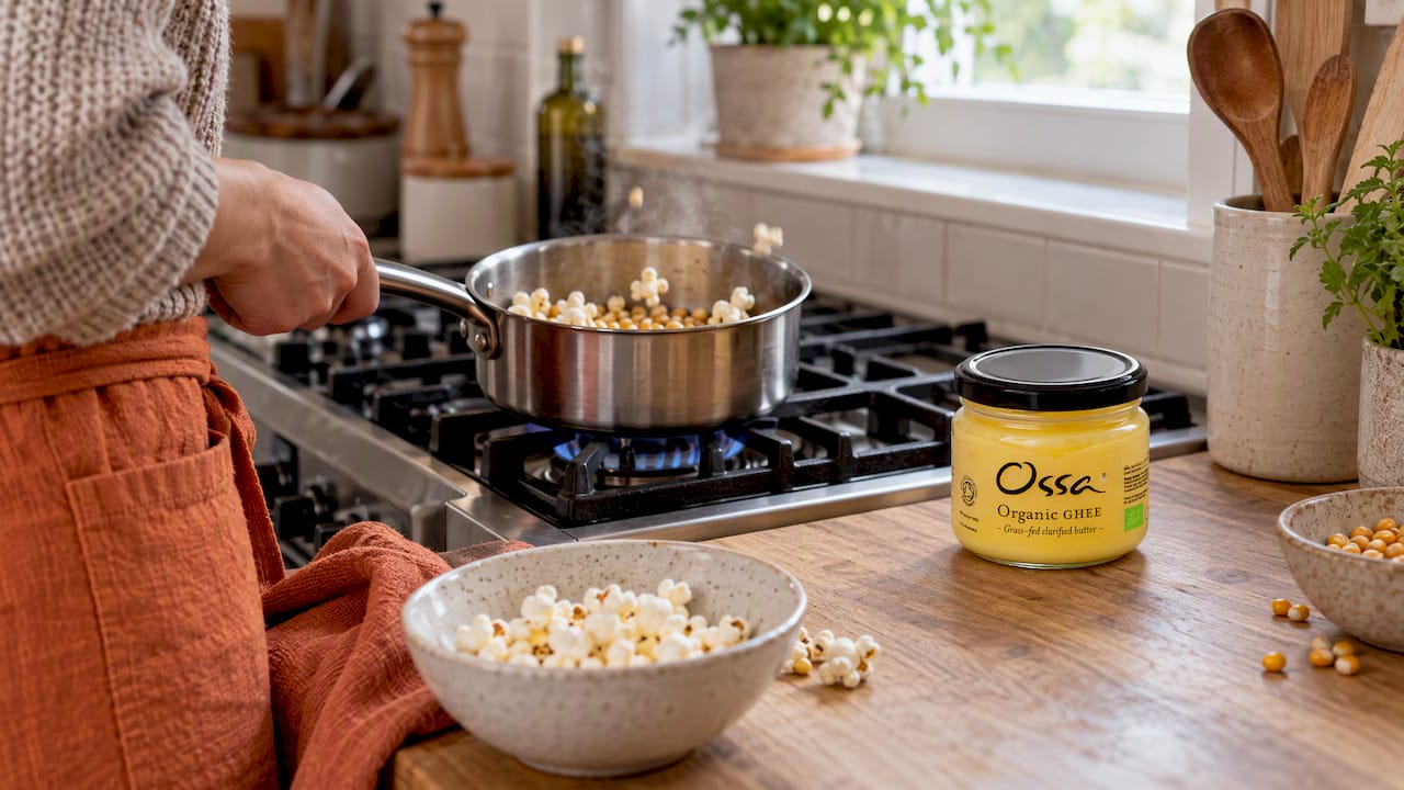 Stay crisp ghee popcorn: 1/2 tbsp to pop, 1 1/2 tbsp to finish